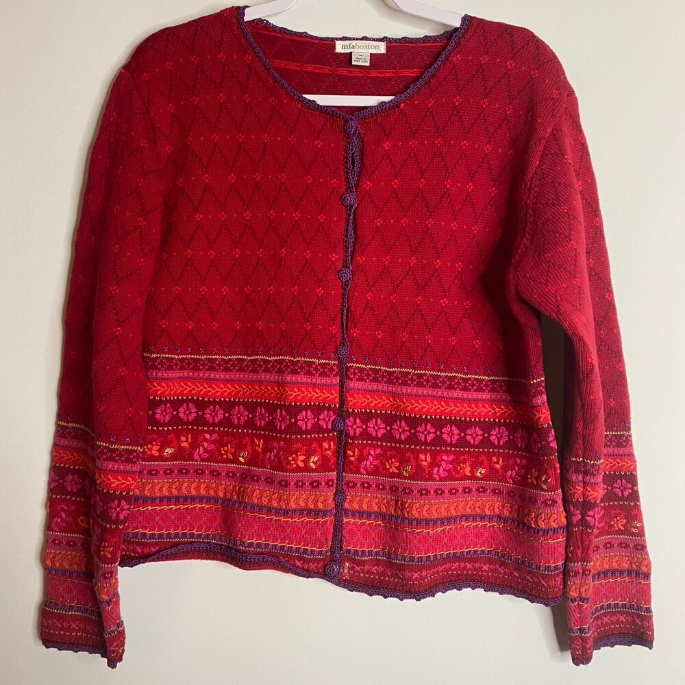 MFA Boston Knit Sweater Crochet Button Covers Embroidered Border Detail Size M